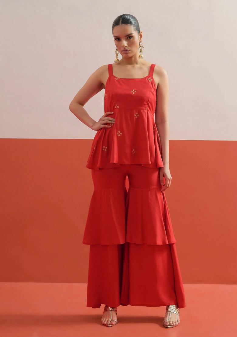 Red Solid Rayon Co Ords Set - Indya