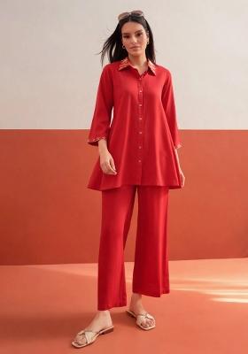 Red Solid Rayon Co Ords Set