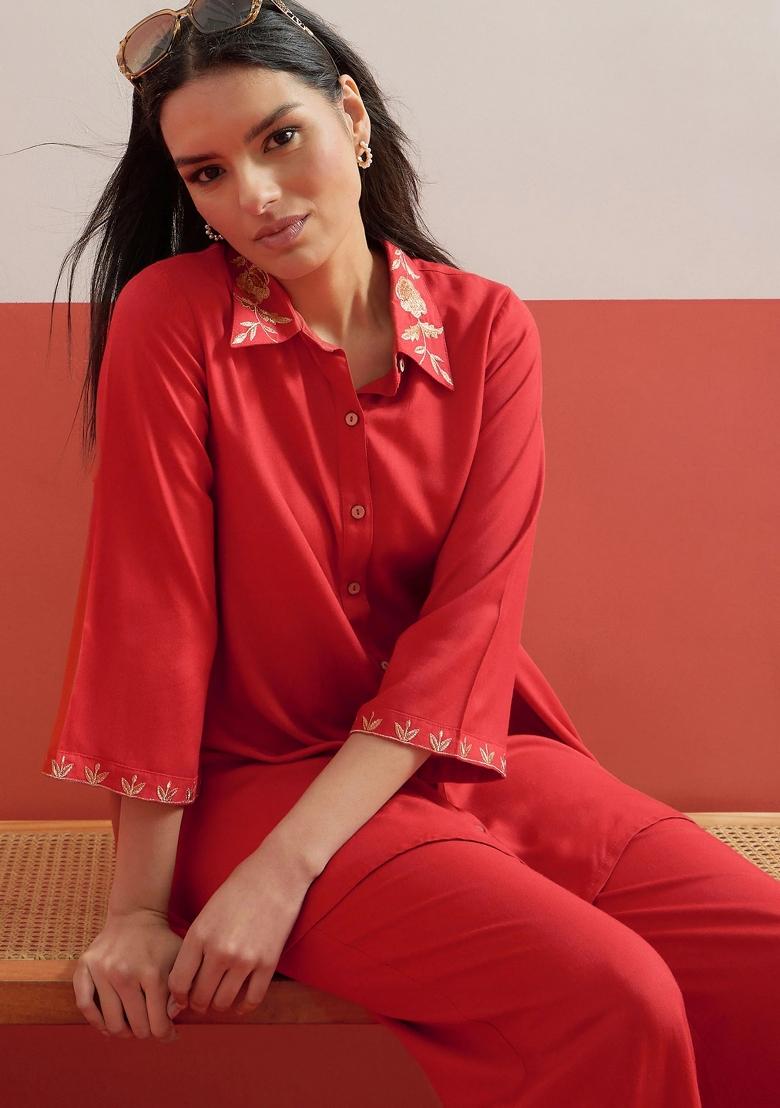 Red Solid Rayon Co Ords Set - Indya