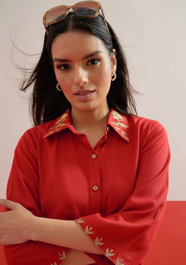 Red Solid Rayon Co Ords Set - Indya