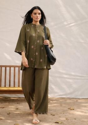 Olive Solid Rayon Co Ords Set
