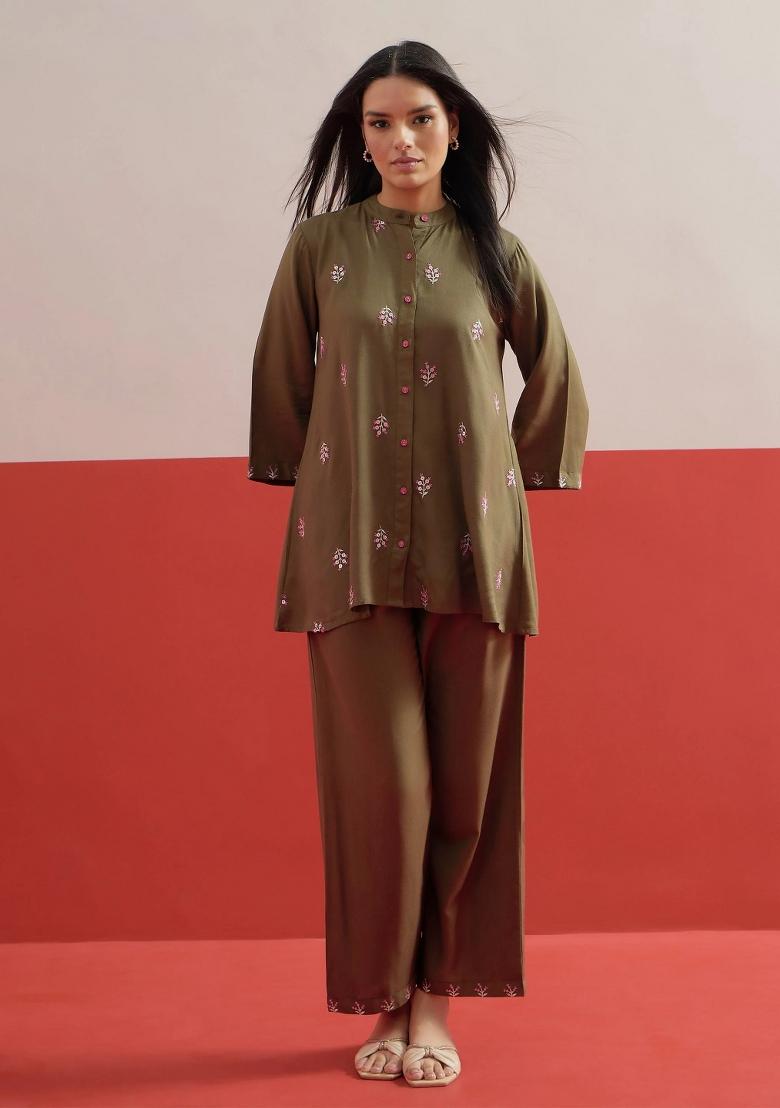 Olive Solid Rayon Co Ords Set - Indya
