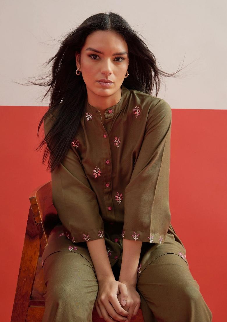 Olive Solid Rayon Co Ords Set - Indya