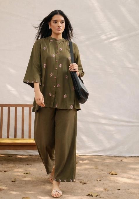 Olive Solid Rayon Co Ords Set