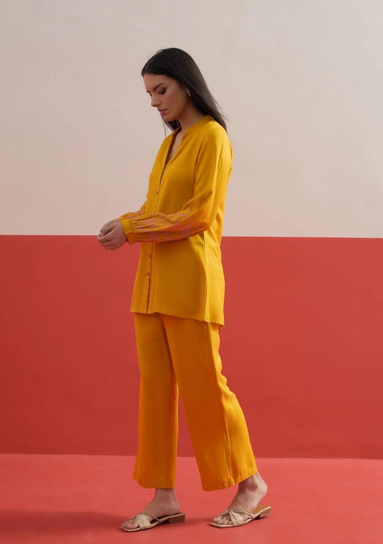 Yellow Solid Rayon Co Ords Set - Indya