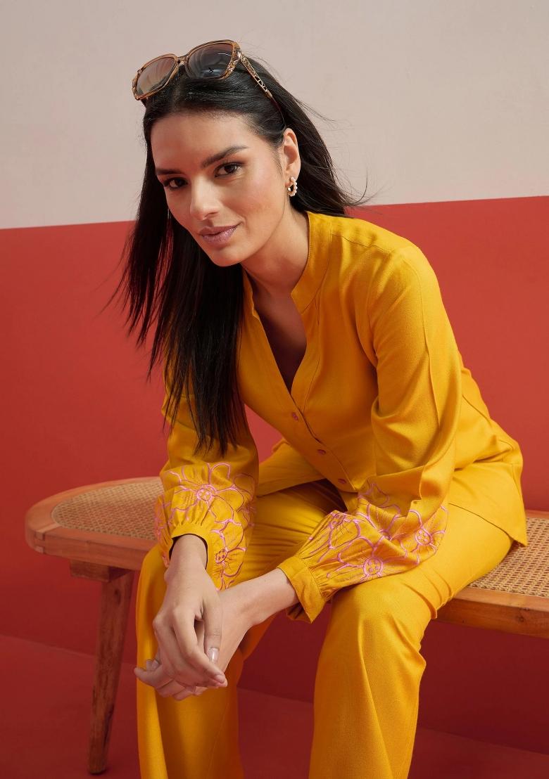 Yellow Solid Rayon Co Ords Set - Indya