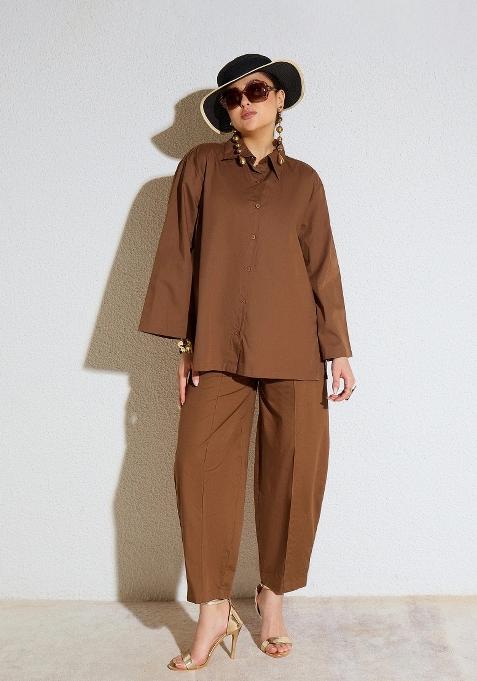 Brown Solid Poplin Co Ords Set