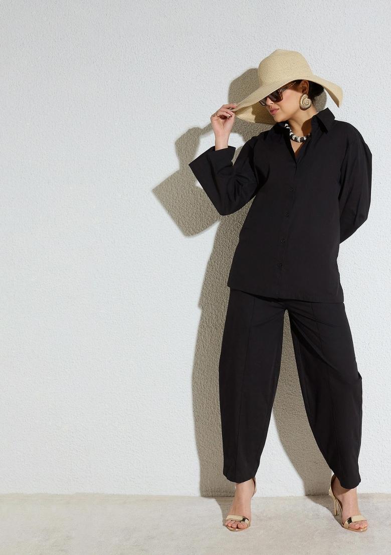 Black Solid Poplin Co Ords Set - Indya