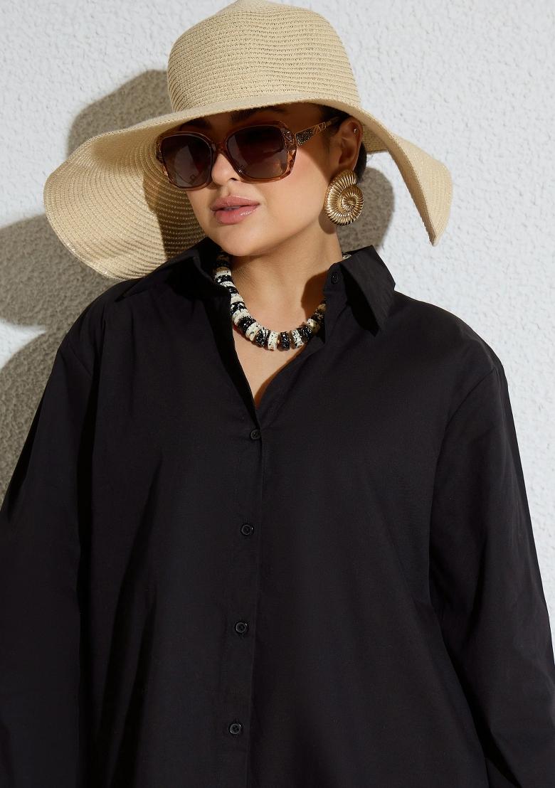 Black Solid Poplin Co Ords Set - Indya