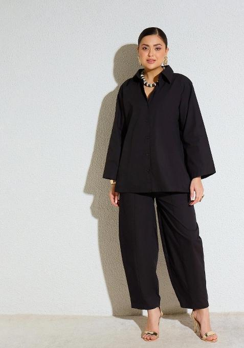 Black Solid Poplin Co Ords Set