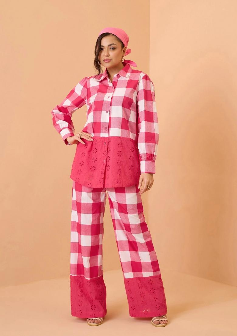 Pink Checked Poplin Co Ords Set - Indya