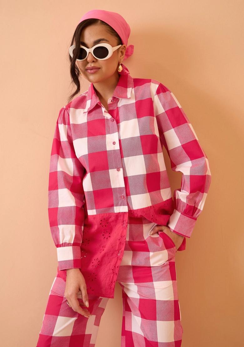 Pink Checked Poplin Co Ords Set - Indya