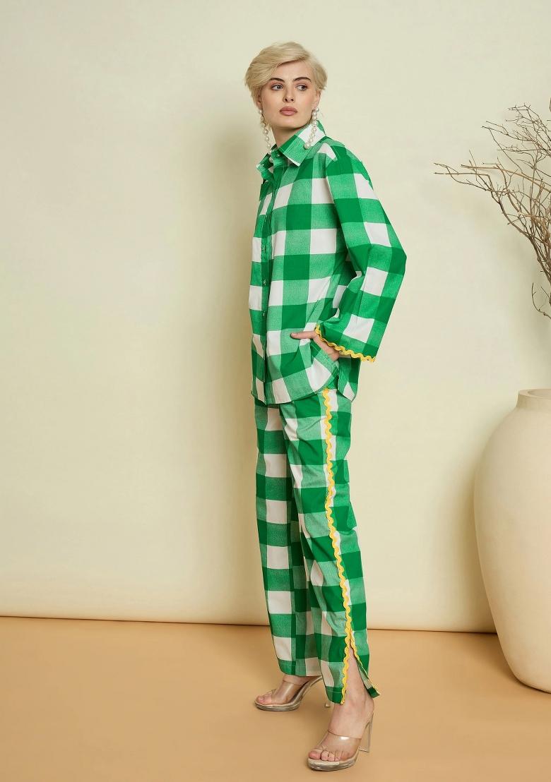 Green Checked Poplin Co Ords Set - Indya