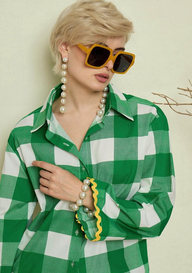 Green Checked Poplin Co Ords Set - Indya