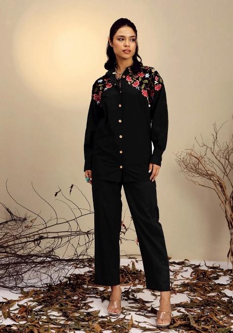 Black Solid Poplin Co Ords Set