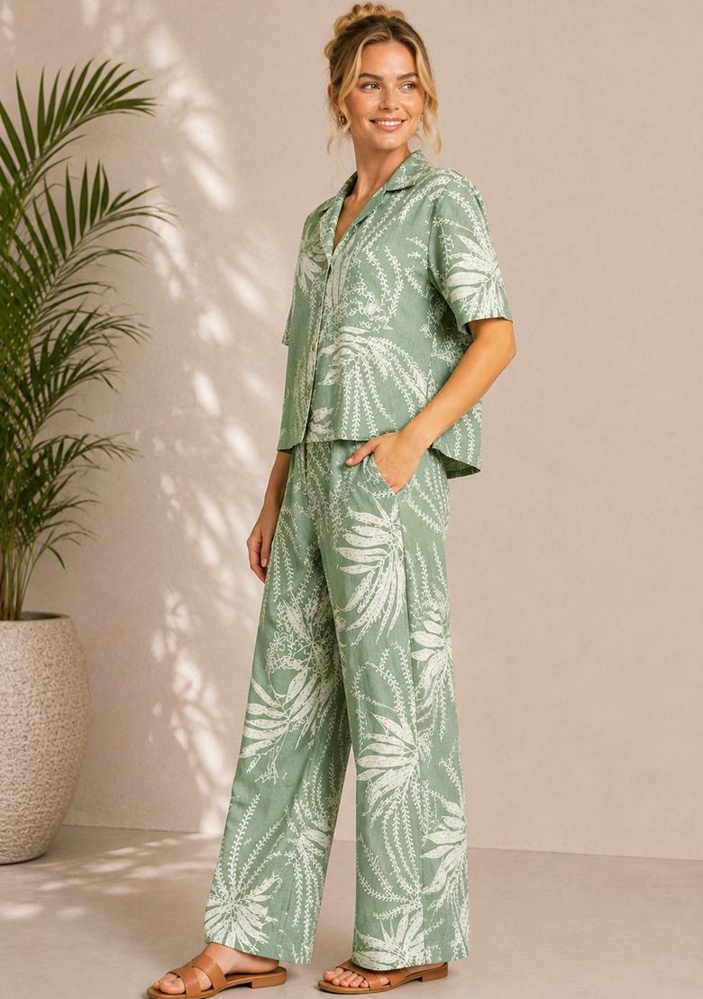 Sea Green Printed Viscose Co Ords Sets - Indya