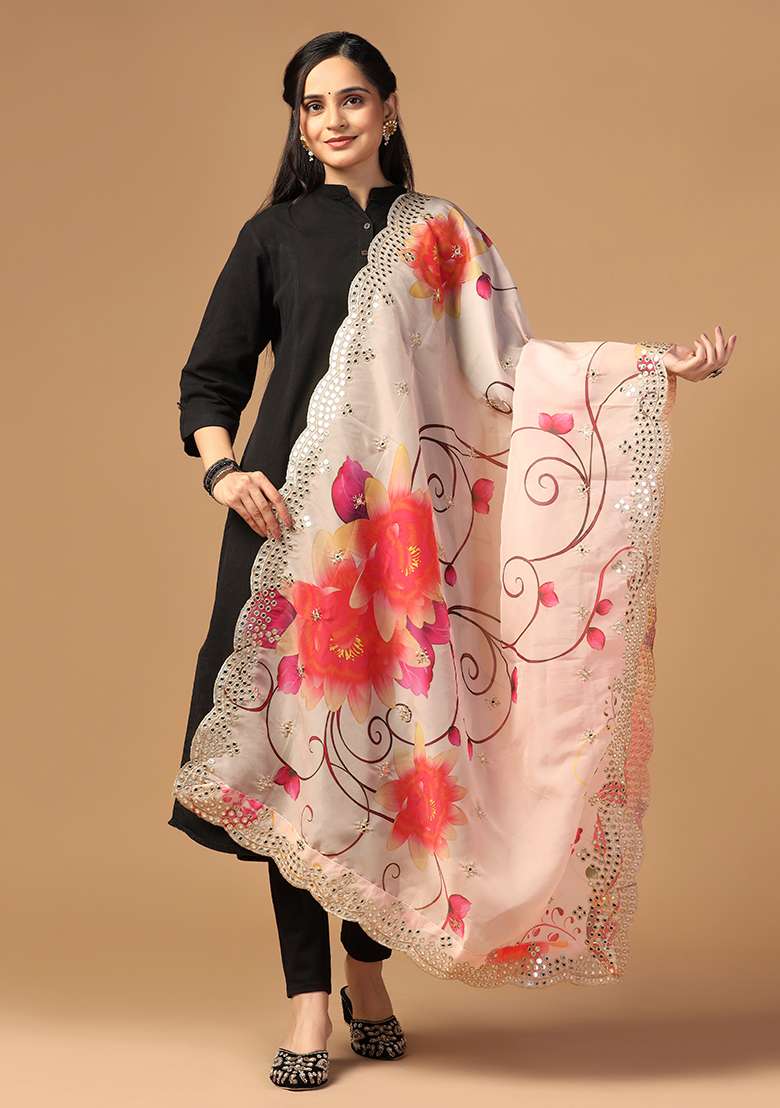 Peach Printed Mirror Work Organza Dupatta - Indya