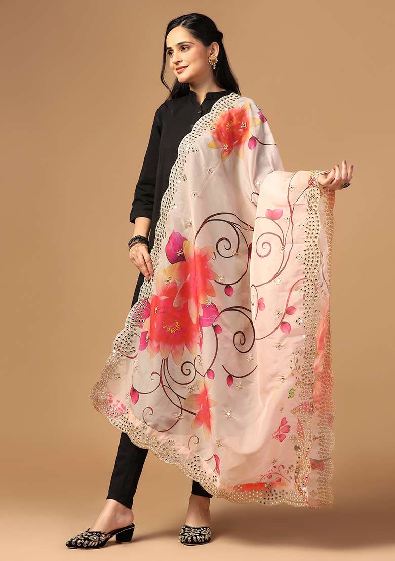 Peach Printed Mirror Work Organza Dupatta - Indya
