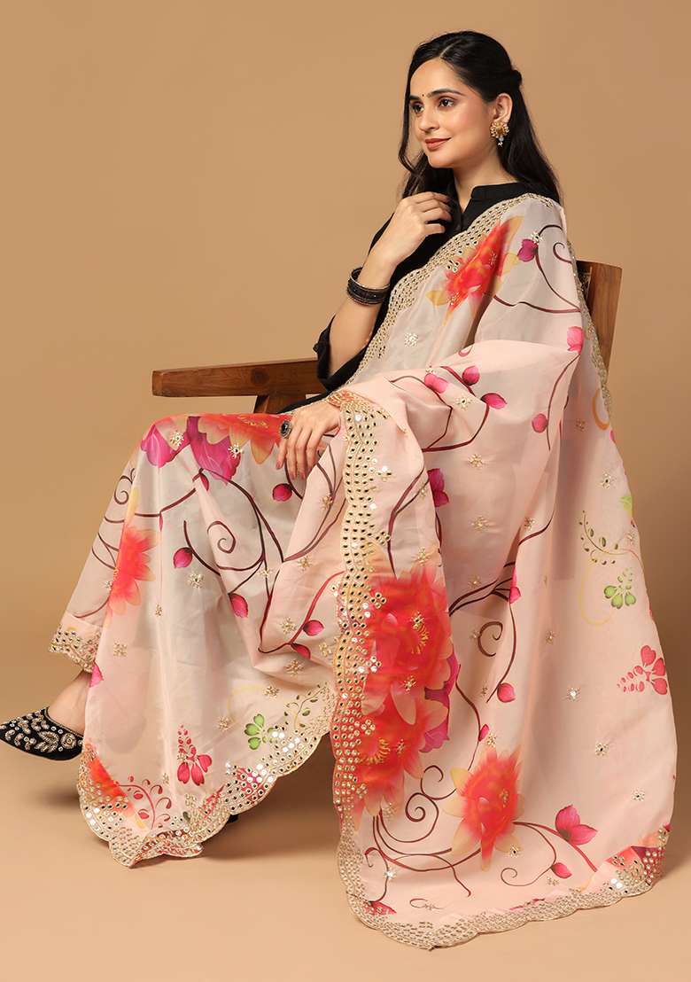 Peach Printed Mirror Work Organza Dupatta - Indya