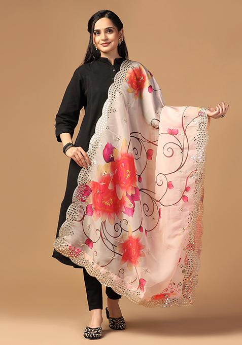 Peach Printed Mirror Work Organza Dupatta