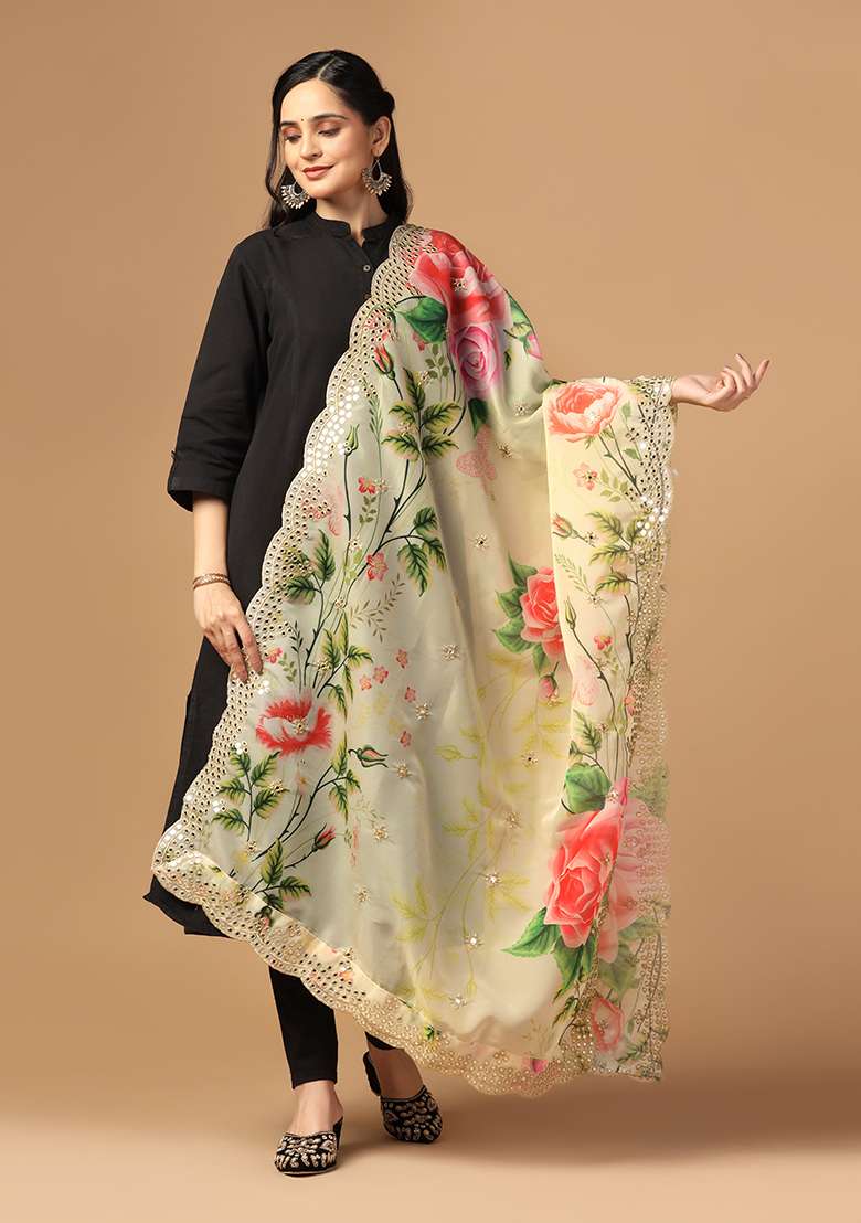 Yellow Printed Mirror Work Organza Dupatta - Indya