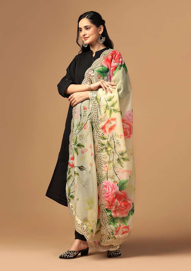 Yellow Printed Mirror Work Organza Dupatta - Indya