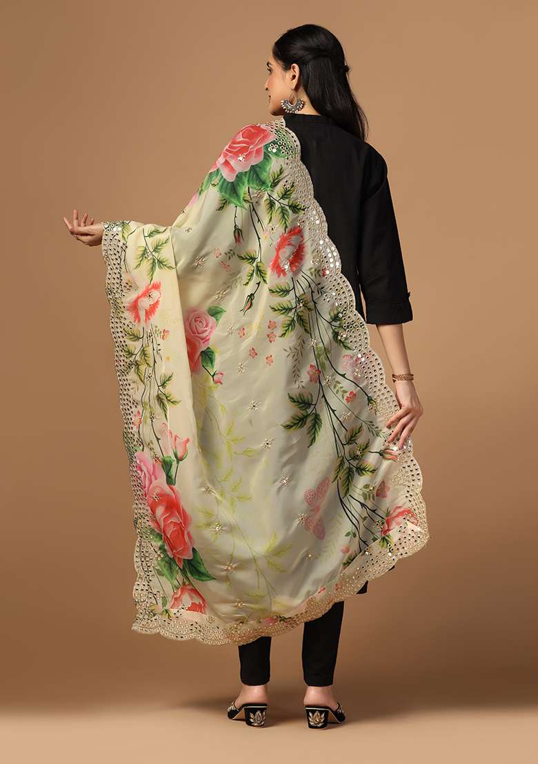 Yellow Printed Mirror Work Organza Dupatta - Indya