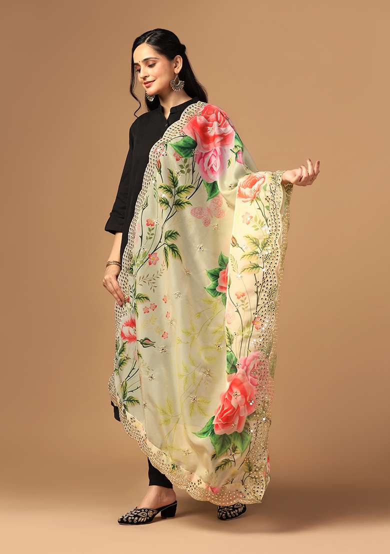 Yellow Printed Mirror Work Organza Dupatta - Indya