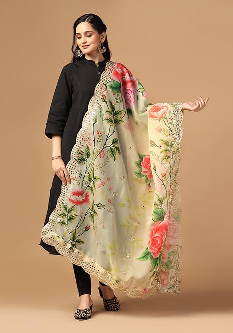 Yellow Printed Mirror Work Organza Dupatta