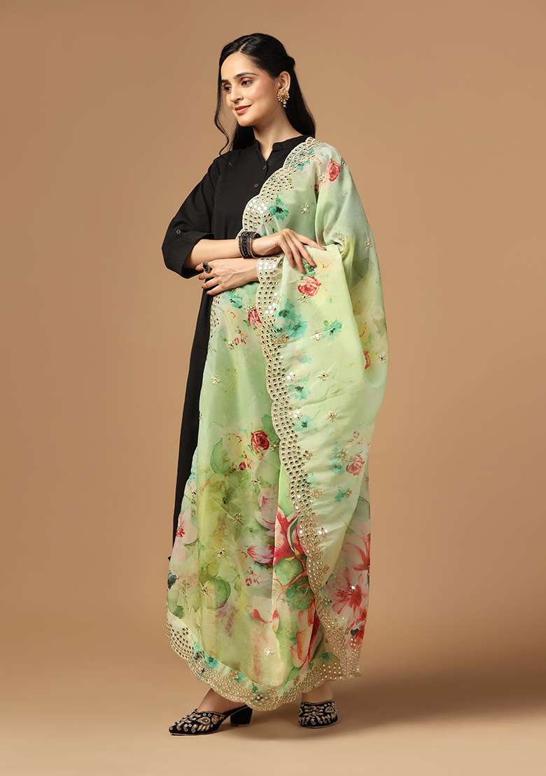Green Printed Mirror Work Organza Dupatta - Indya