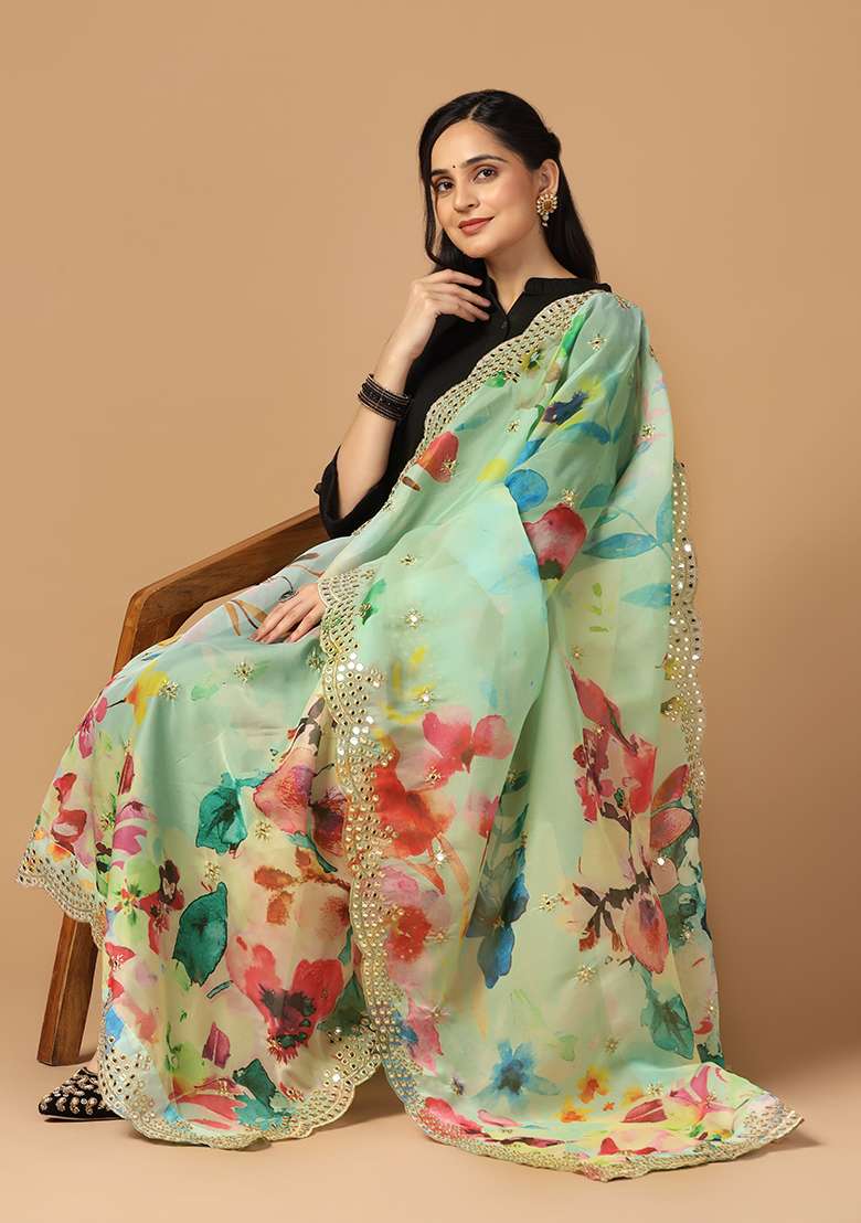 Green Printed Mirror Work Organza Dupatta - Indya