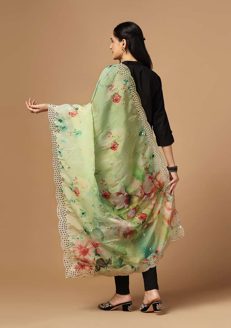 Green Printed Mirror Work Organza Dupatta - Indya
