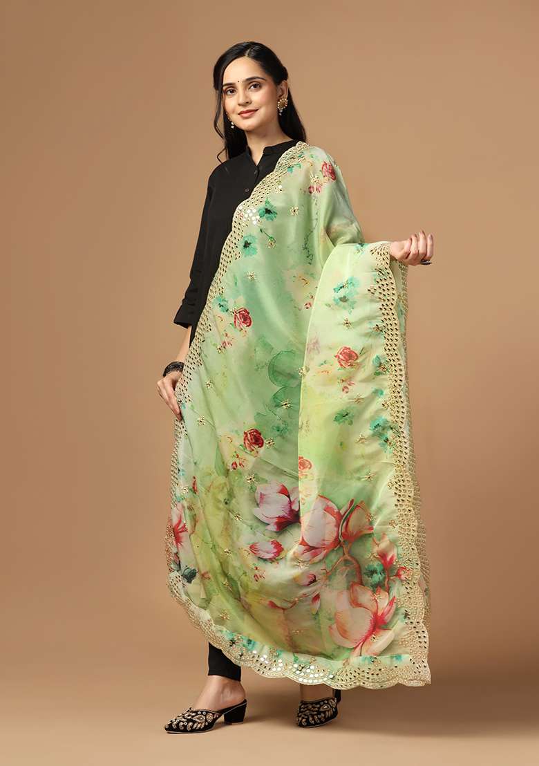 Green Printed Mirror Work Organza Dupatta - Indya