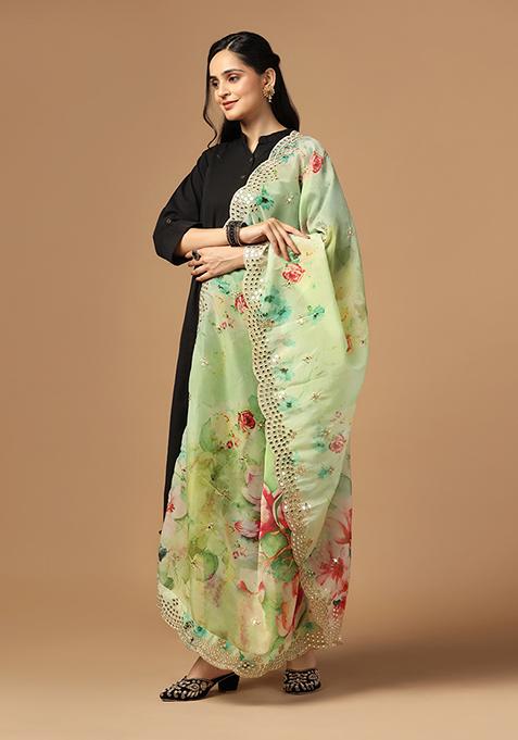 Green Printed Mirror Work Organza Dupatta