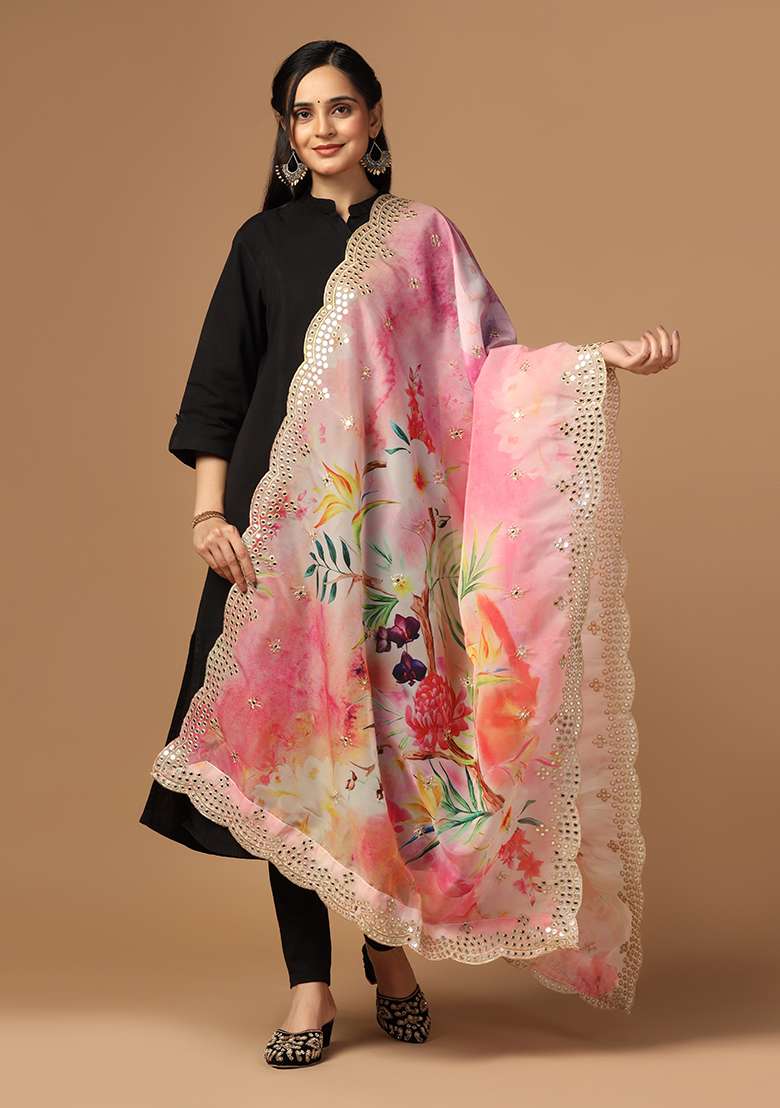 Pink Printed Mirror Work Organza Dupatta - Indya