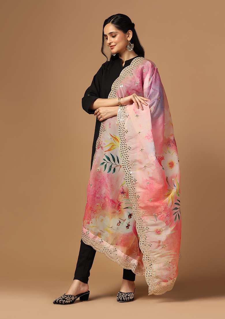 Pink Printed Mirror Work Organza Dupatta - Indya