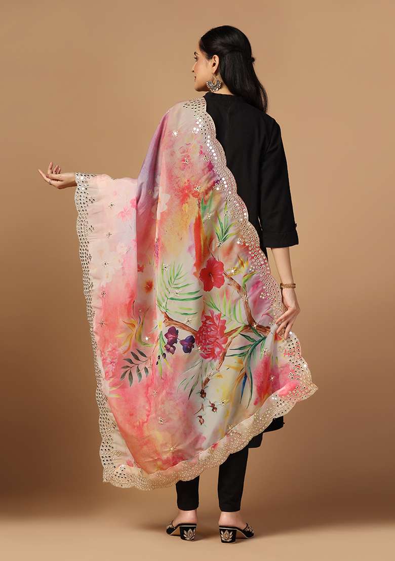 Pink Printed Mirror Work Organza Dupatta - Indya