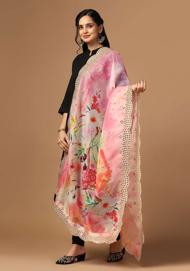 Pink Printed Mirror Work Organza Dupatta - Indya