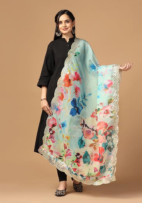 Aqua Printed Mirror Work Organza Dupatta