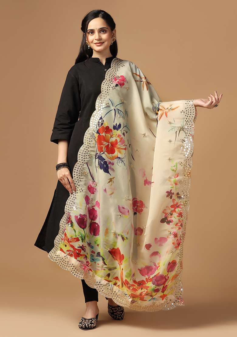 Multicolor Printed Mirror Work Organza Dupatta - Indya