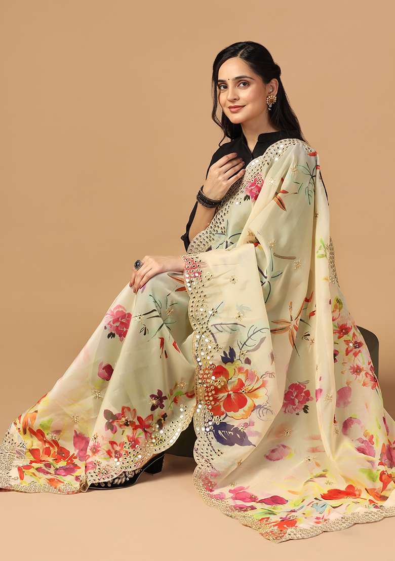 Multicolor Printed Mirror Work Organza Dupatta - Indya