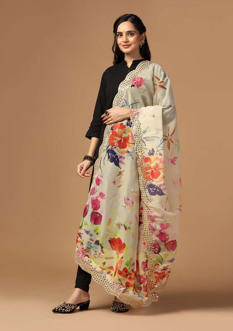 Multicolor Printed Mirror Work Organza Dupatta - Indya