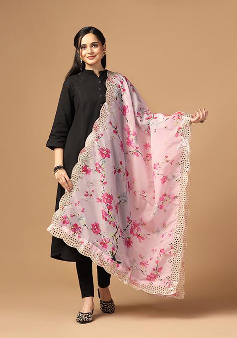 Pink Printed Mirror Work Organza Dupatta