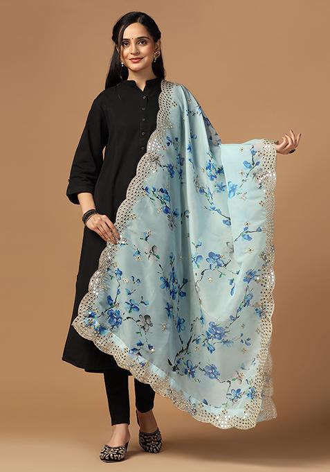 Sky Blue Printed Mirror Work Organza Dupatta