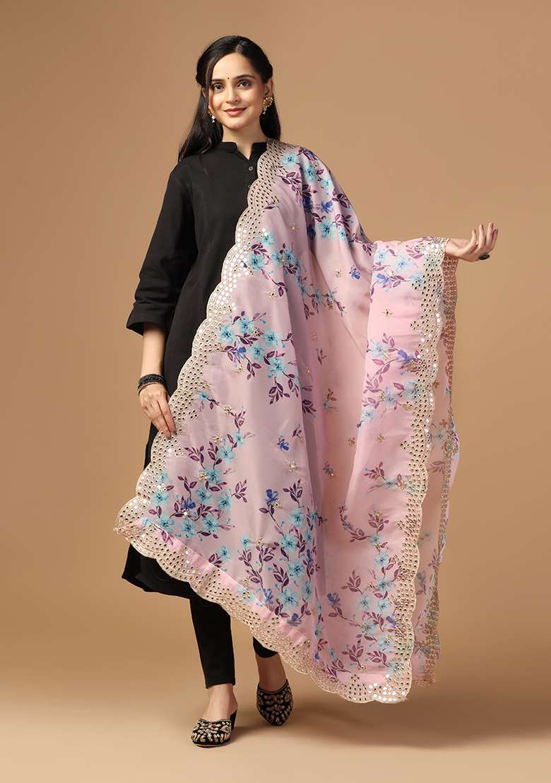 Violet Printed Mirror Work Organza Dupatta - Indya