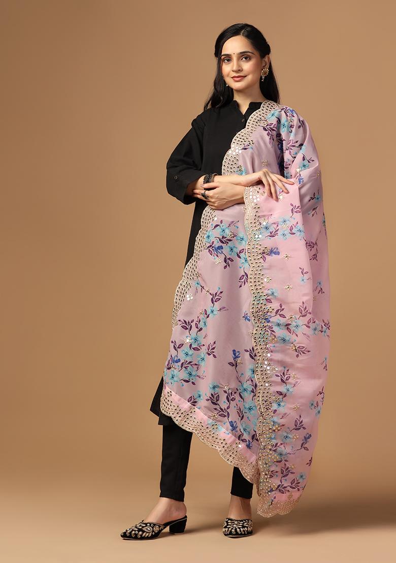 Violet Printed Mirror Work Organza Dupatta