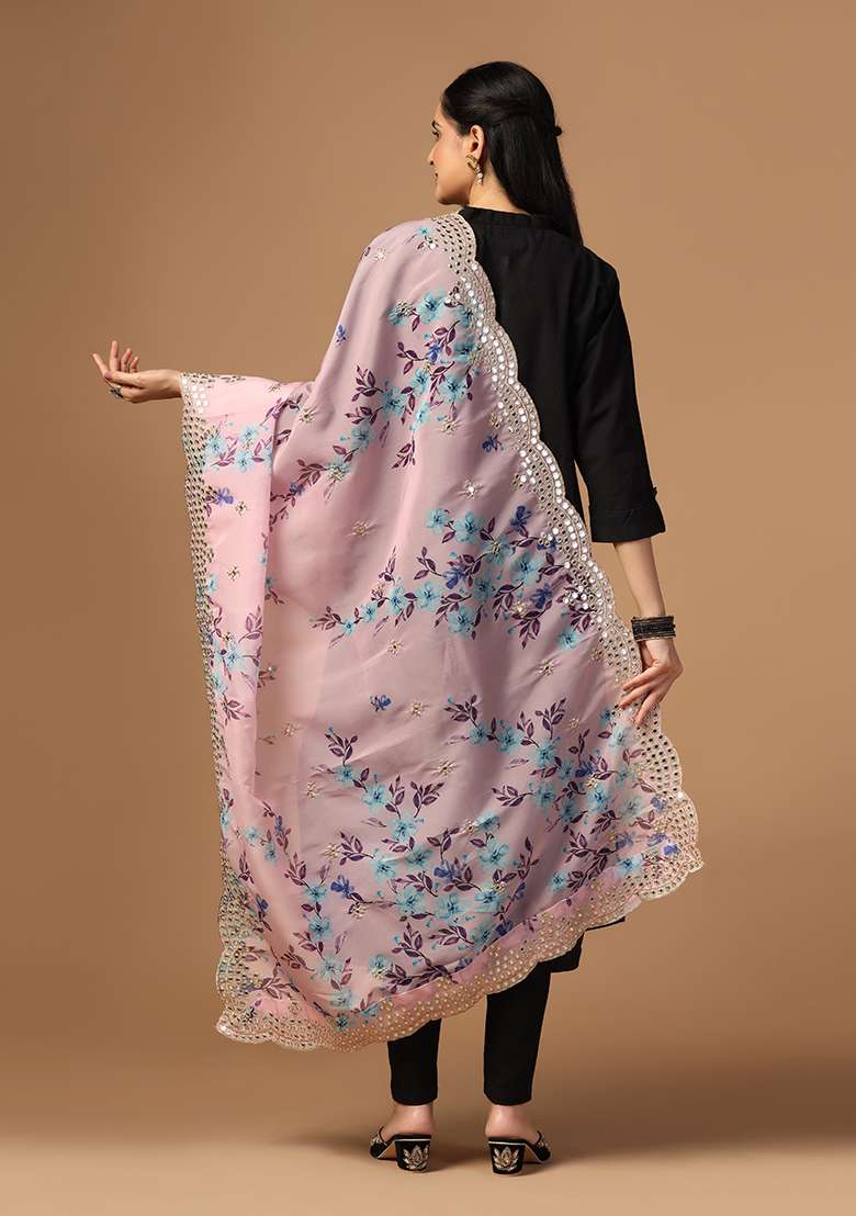Violet Printed Mirror Work Organza Dupatta - Indya
