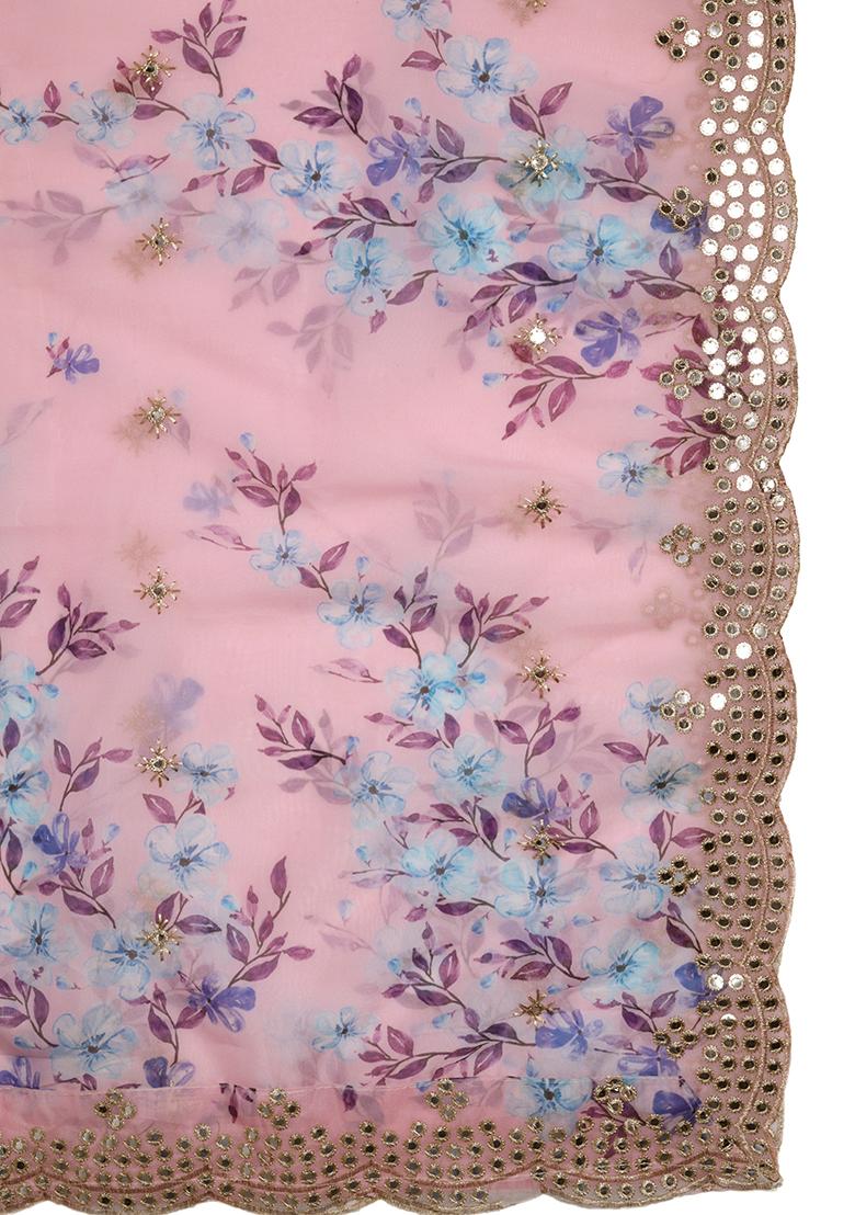 Violet Printed Mirror Work Organza Dupatta