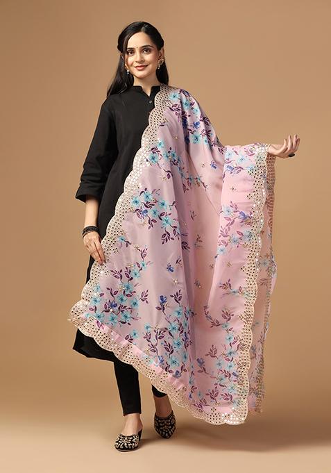 Violet Printed Mirror Work Organza Dupatta