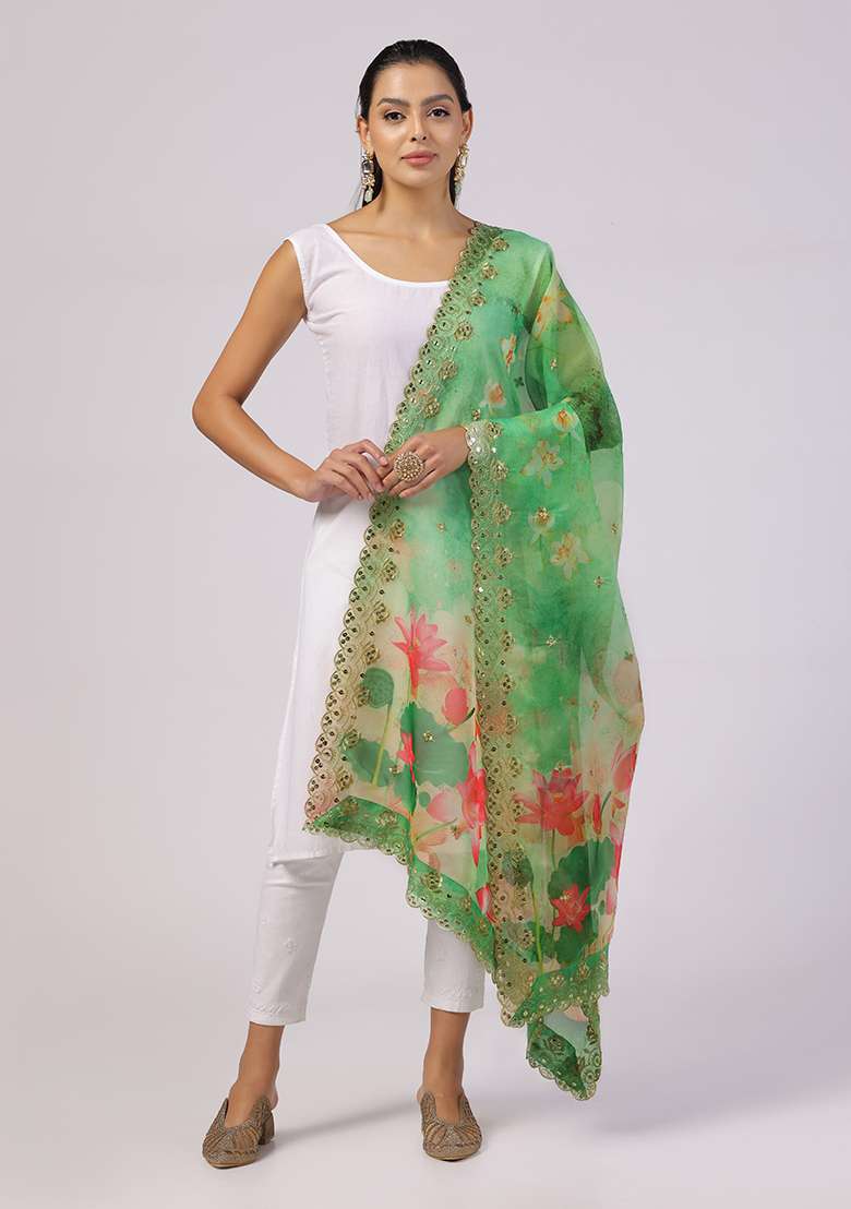 Green Printed Sequin Embroidered Organza Dupatta - Indya